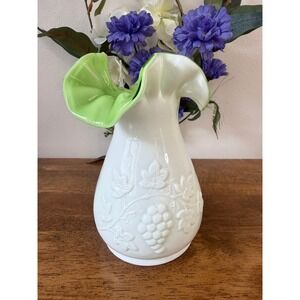 Vintage Kanawha Grape Milk Glass Vase Green Cased Ruffled Vase Mid Century MCM